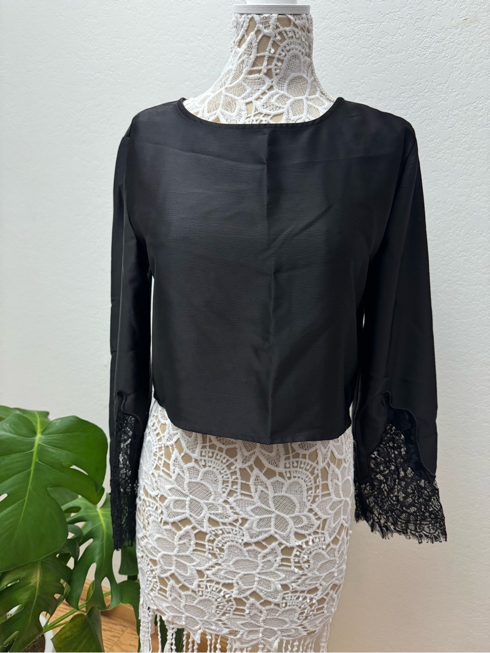 ✨ Sleek Black Blouse with Delicate Lace Cuffs ✨